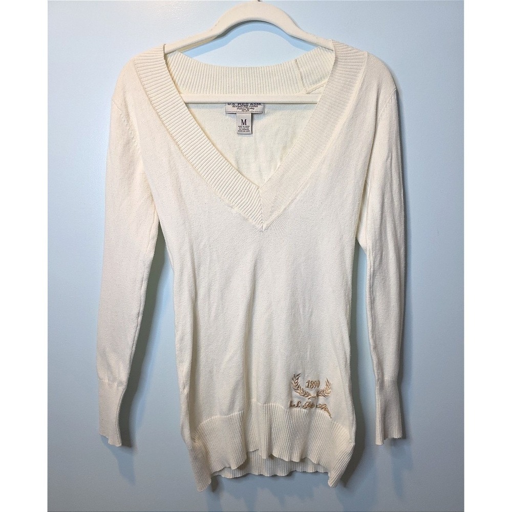 US Polo Assn‎ Womens Cream V-Neck Sweater Embroidered Logo Cotton Blend  Med Y2K